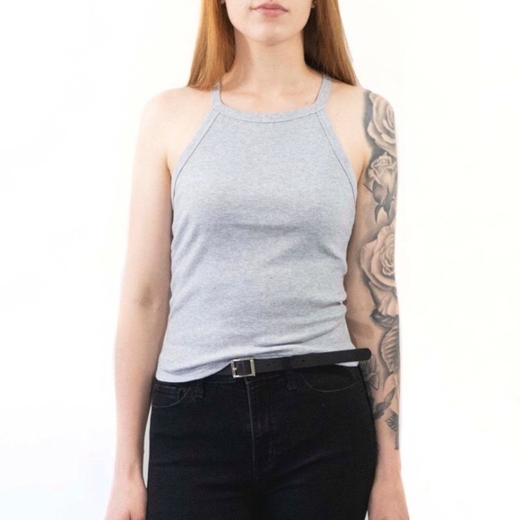 Gray Fitted Ribbed Halter Tank Top - Picture 1 of 5